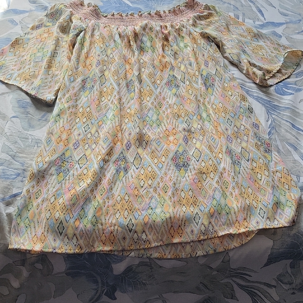 DR2 Pastel Diamond Pattern Off-Shoulder Boho Vintage Look Dress